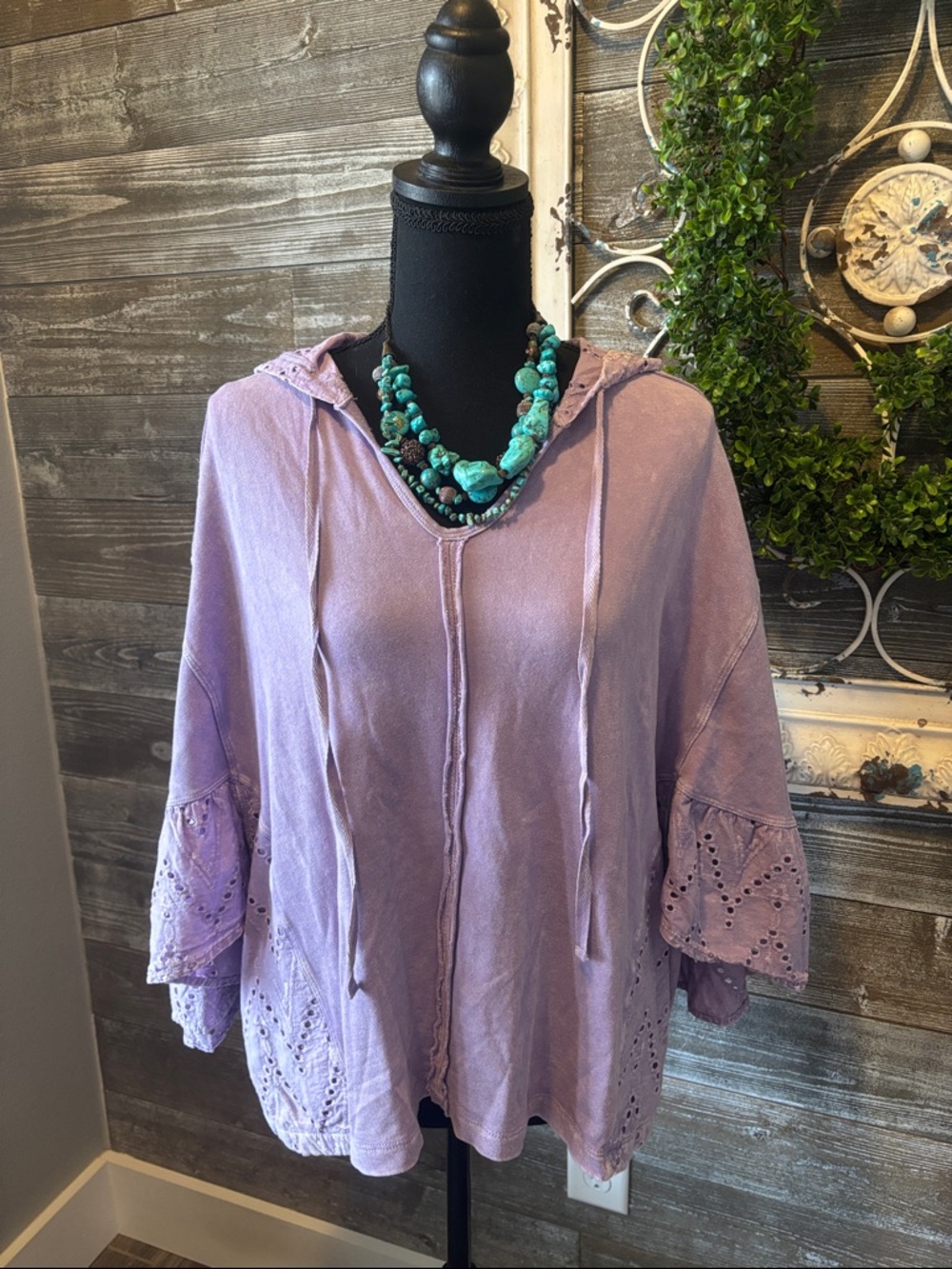 Homebody Boutique Oversized (Size S) Lavender Hooded Eyelet Tunic- Cotton